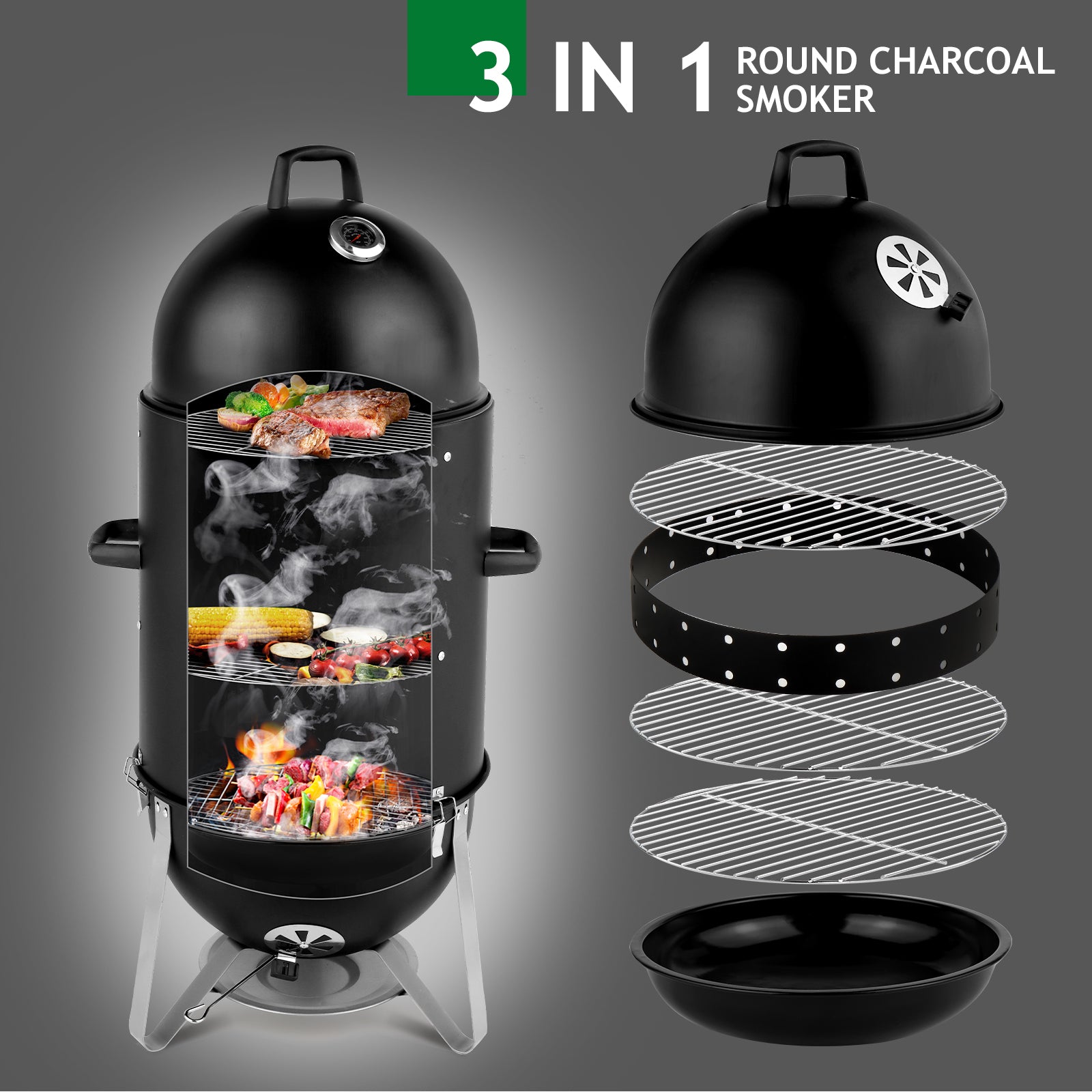 Black 3-layer Oval Cylinder Smoker Iron Charcoal Grill