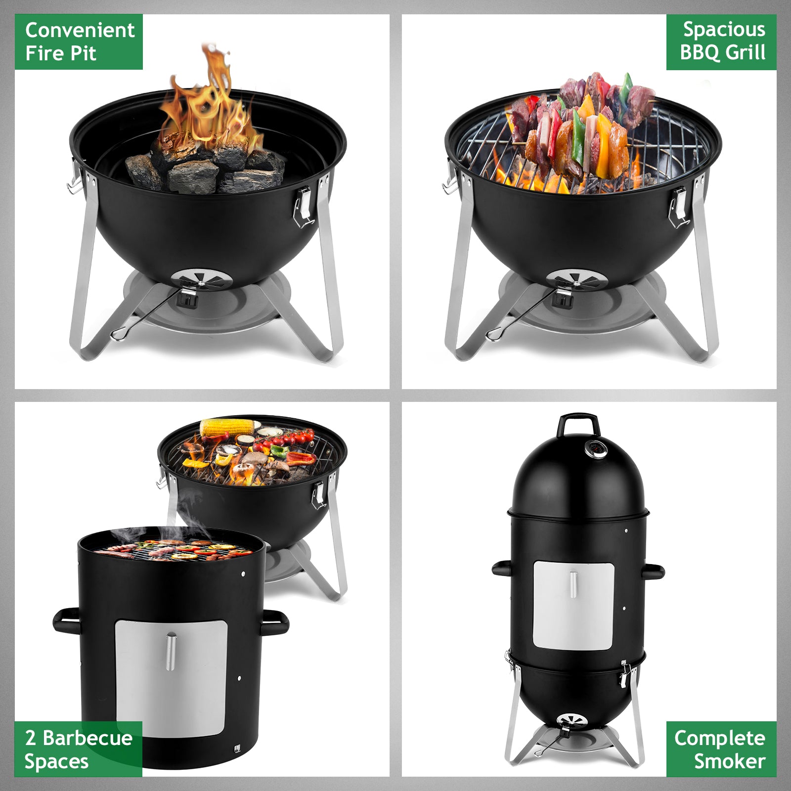 Black 3-layer Oval Cylinder Smoker Iron Charcoal Grill