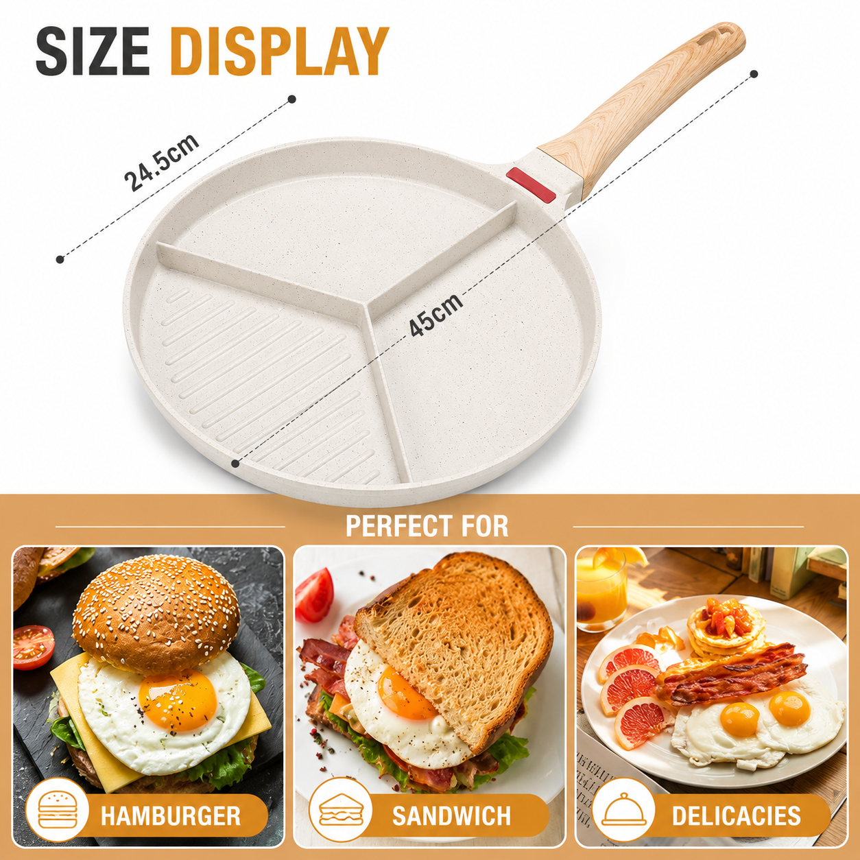 3-in-1 Nonstick Omelet Pan with Heat Resistant Handle 3-Cup Breakfast Divided Grill Frying Pan for Egg Kitchen Utensils