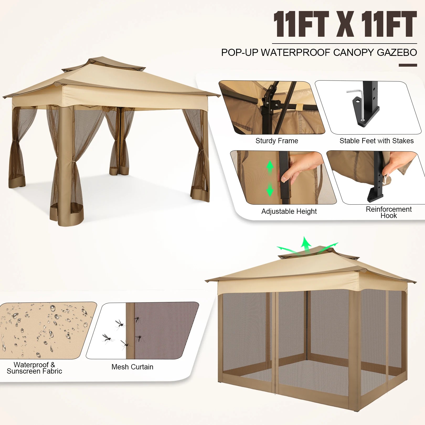 11x11 Pop Up Gazebo Tent with Mosquito Net & Canopy