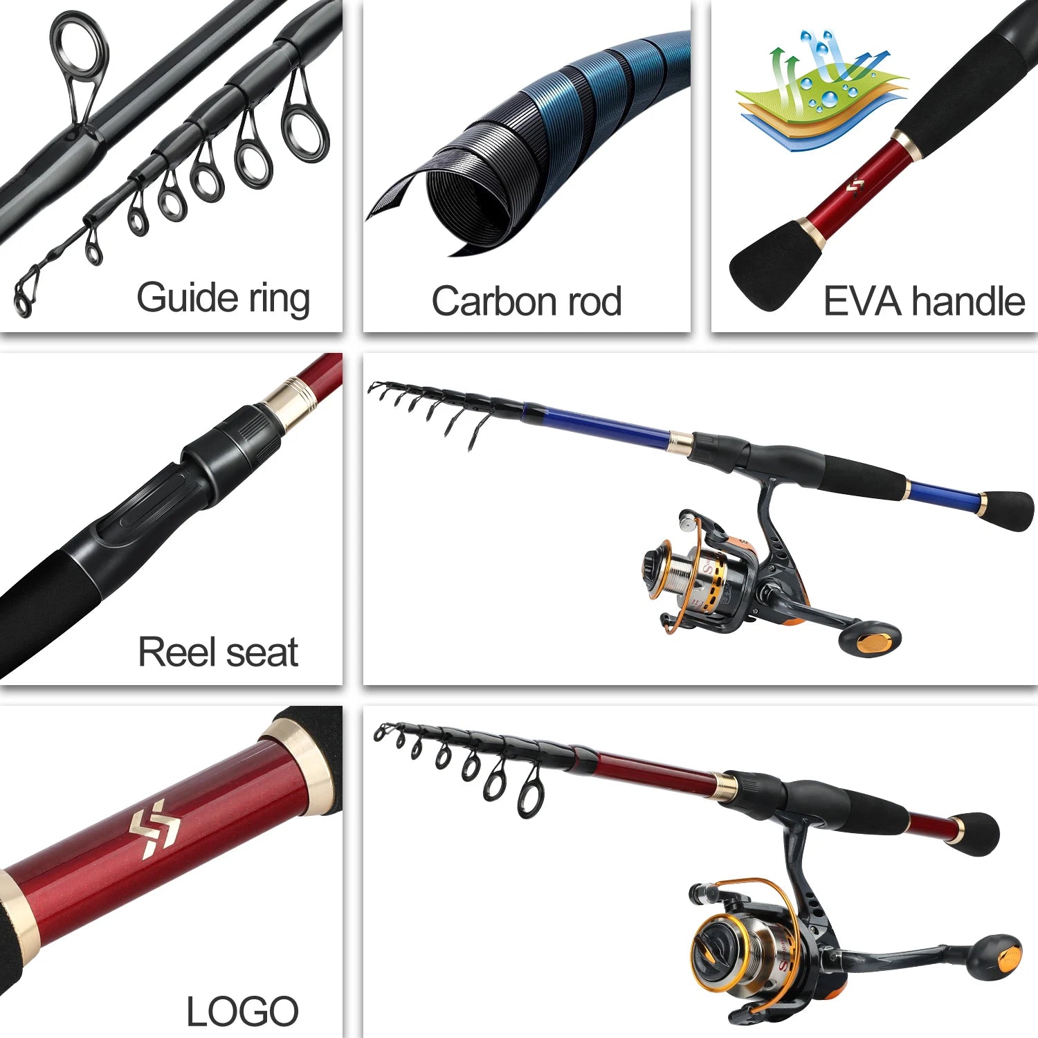 Sougayilang Telescopic Fishing Combo 1.8m 2.1m 2.4m Carbon Fiber Rod and 5.5:1 13+1BB Spinning Fishing Reel Fishing Kit Pesca