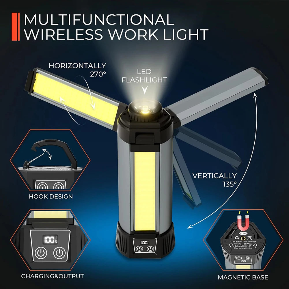 6000mAh LED Work Light Rechargeable Cordless Work Light with COB Construction Light Telescopic for Outdoor Camping