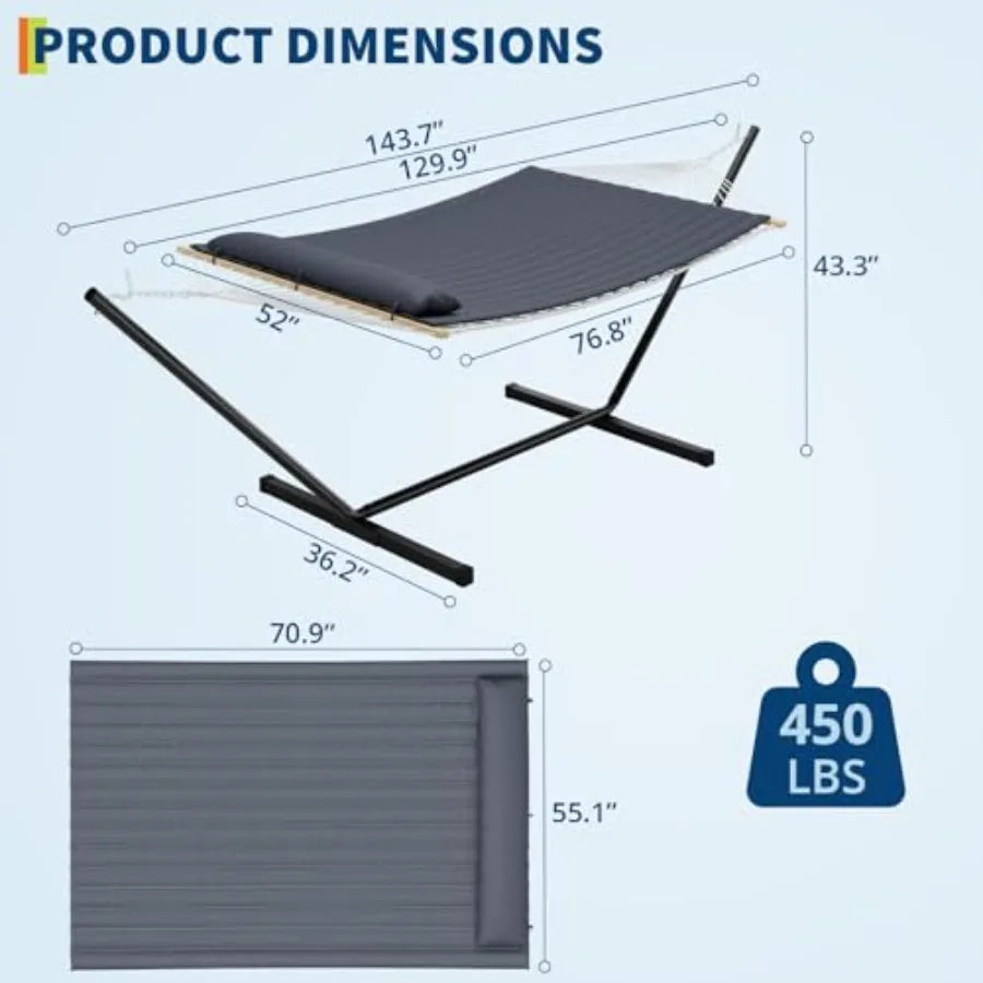 Heavy Duty Double Hammock with Steel Stand (475lb Capacity) – Breathable Cotton Rope Outdoor Hammock with Quilted Pad