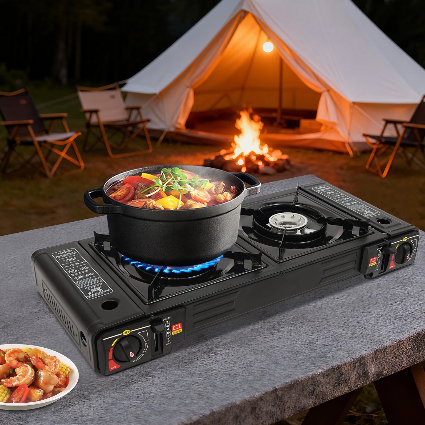 Portable Camping Stove 2 Burners with Baking Tray for Outdoors