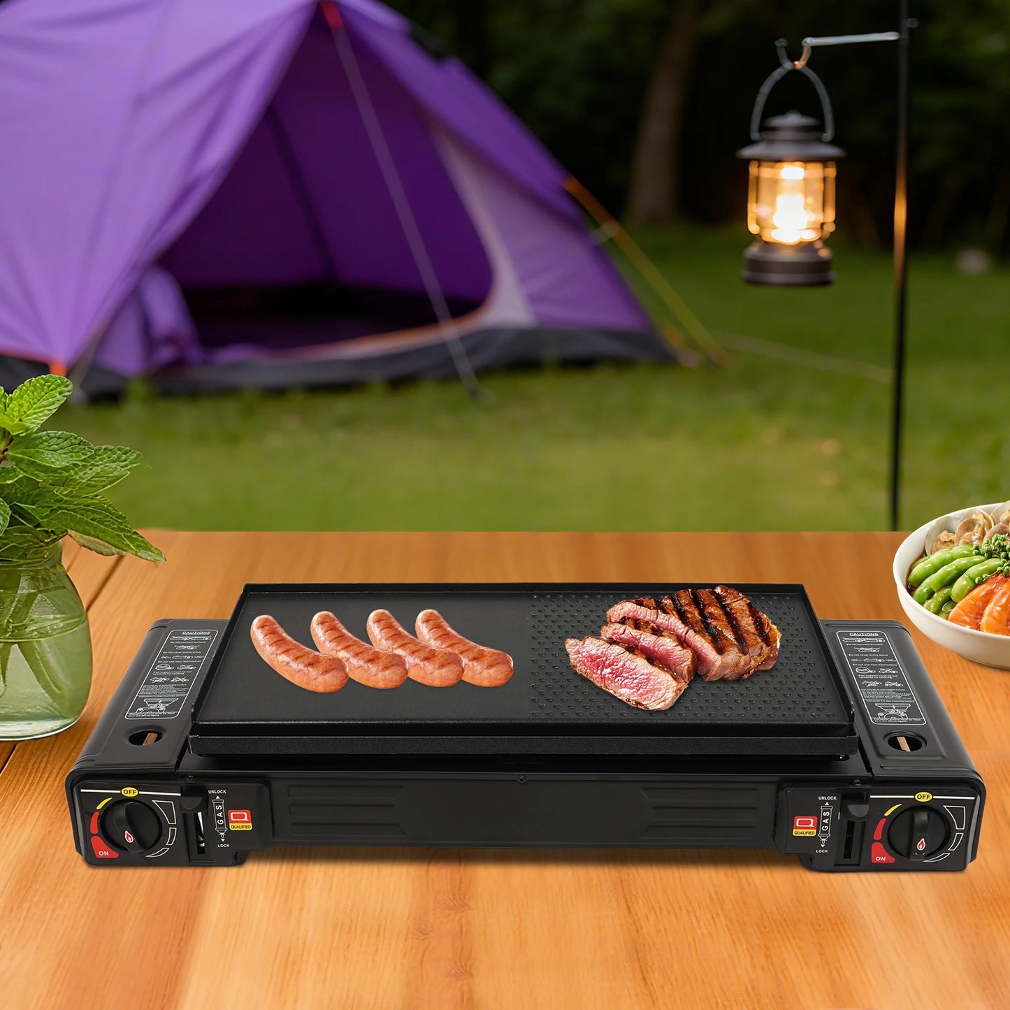 Portable Camping Stove 2 Burners with Baking Tray for Outdoors