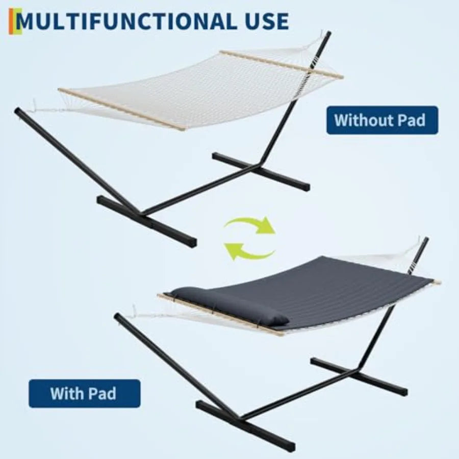 Heavy Duty Double Hammock with Steel Stand (475lb Capacity) – Breathable Cotton Rope Outdoor Hammock with Quilted Pad