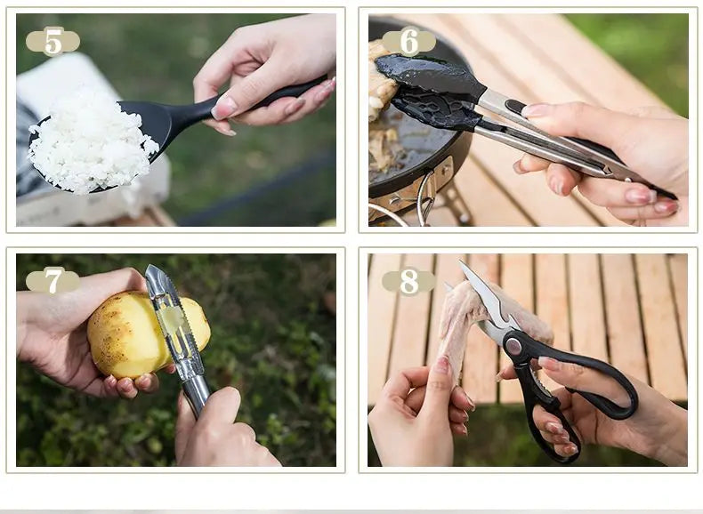 8pcs Camping Kitchen Cookware Set Portable Outdoor Travel Utensils Stainless Steel Cooking and Grilling Set for BBQ Picnic