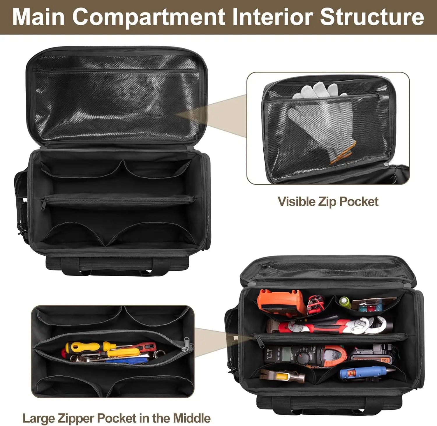 Heavy Duty Multi-Pocket Tool Bag – Wide Opening Outdoor Storage Bag for Tools & Gear