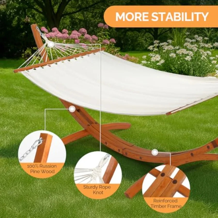 Heavy Duty Double Hammock with Curved Hardwood Stand (10.5 ft, 400lb Capacity) – Premium Outdoor Relaxation Set