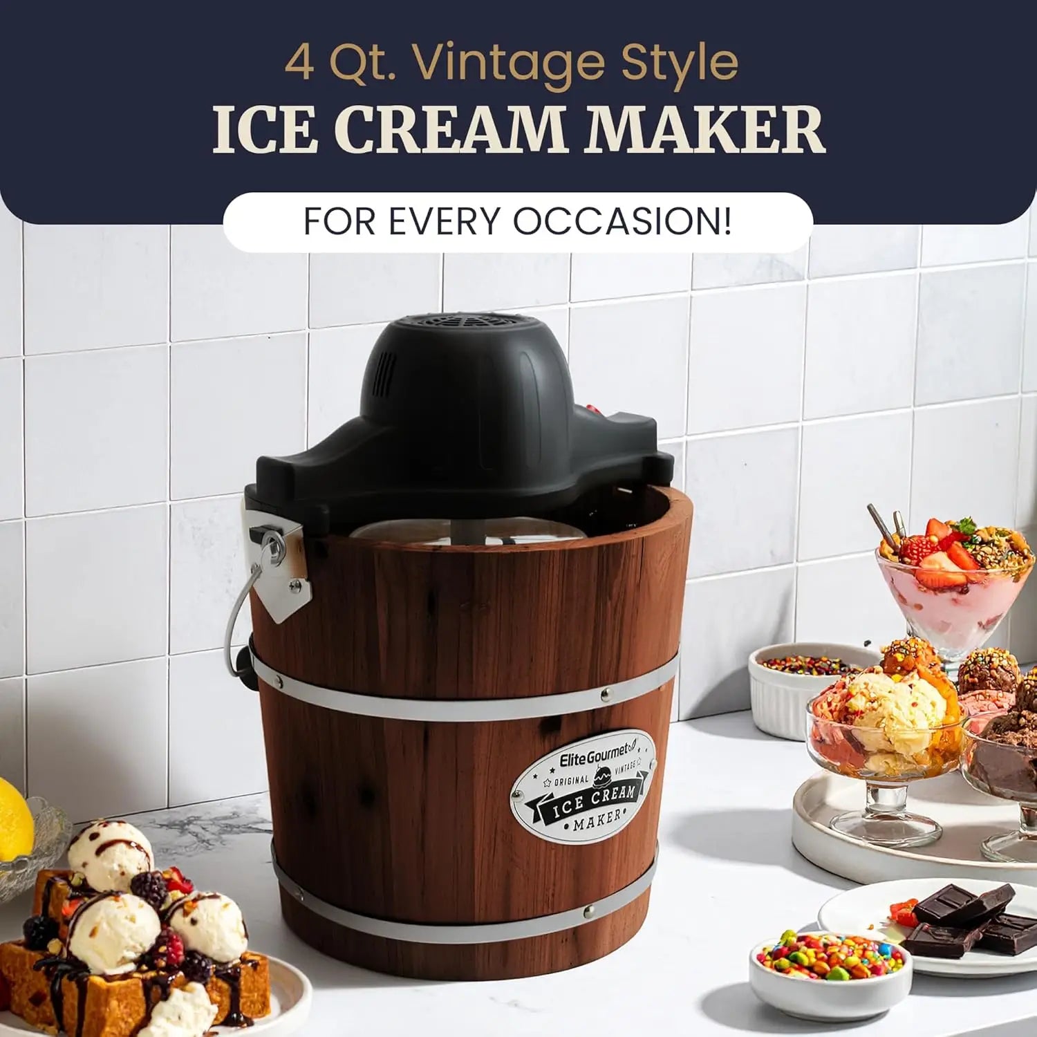 Vintage Walnut Wood Bucket Electric Ice Cream Maker, 4-Quart Capacity, Uses Ice and Rock Salt