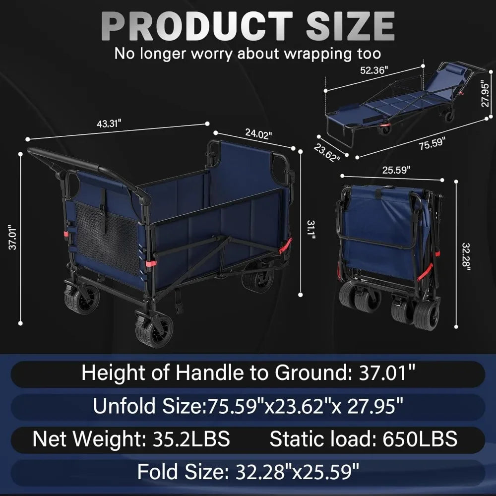 Heavy Duty Folding Wagon Cart - 2-in-1 Collapsible Utility Cart with 650lb Capacity, All-Terrain Wheels & Brakes, Blue