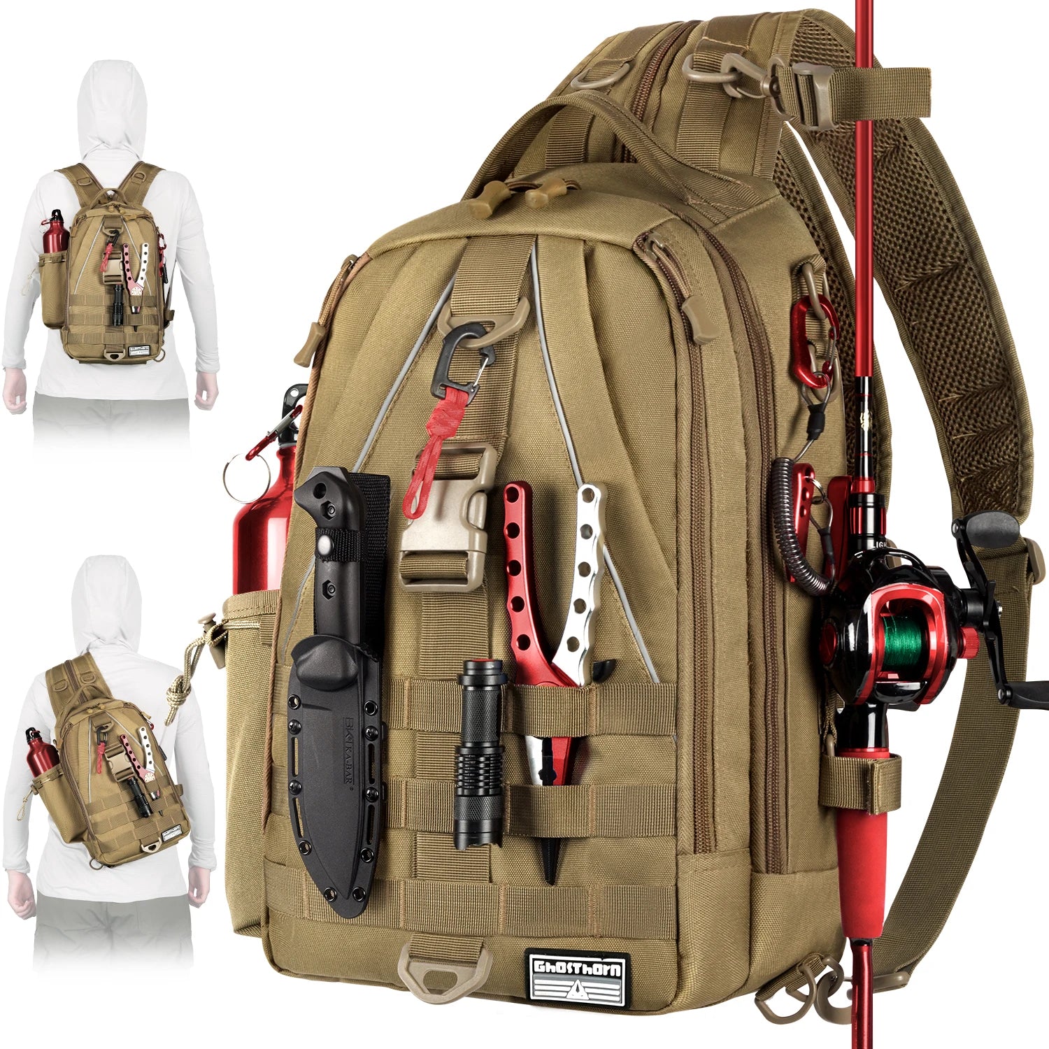 Heavy Duty Fishing Backpack Sling Bag – Multi-Compartment Tackle Storage Bag with Rod Holder