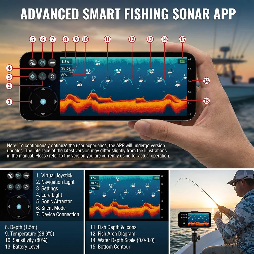 Remote-Controlled Sonar Fish Finder with App Wireless Depth Finder Fish Icons Wifi fish finder fishing fishfinder boat kayak