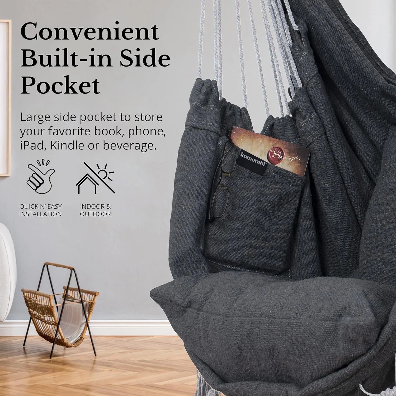 Heavy Duty Macrame Hanging Chair with Cushions (500lb Capacity) – Indoor/Outdoor Cotton Rope Swing Chair with Pocket