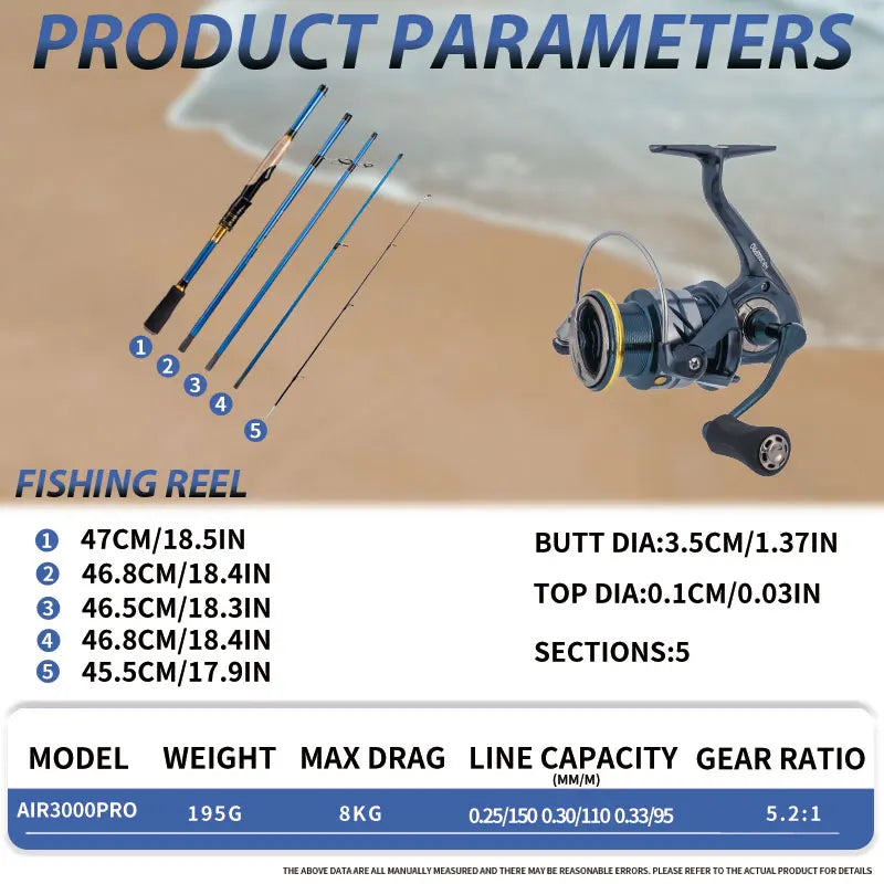 Heavy Duty Carbon Fiber Fishing Rod & Reel Combo – Portable 4/5 Section Spinning Fishing Set with 3000 Reel