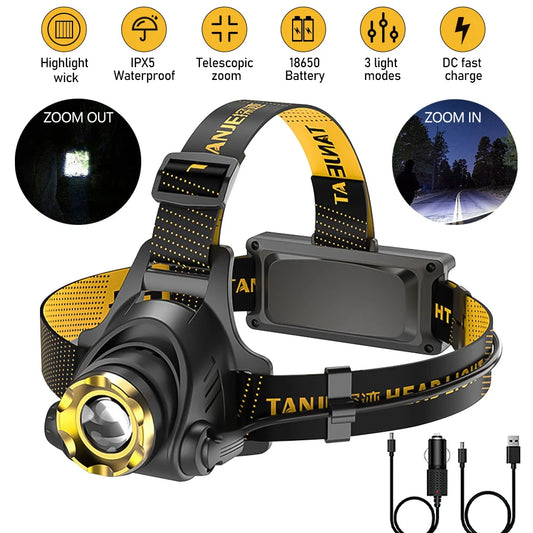 LED Headlamp USB Rechargeable 90° Adjustable for Camping & Hiking