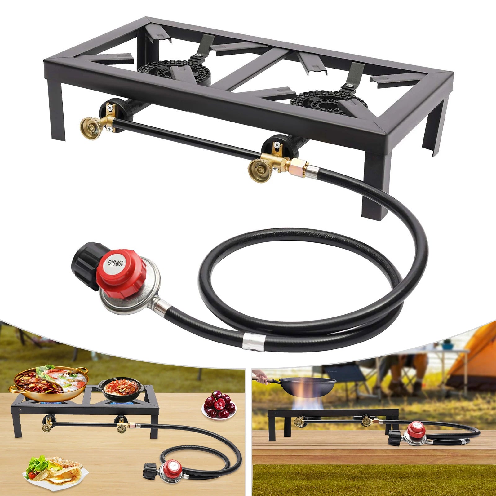 Portable Double Burner Gas Stove – Adjustable Regulator for Camping & BBQ