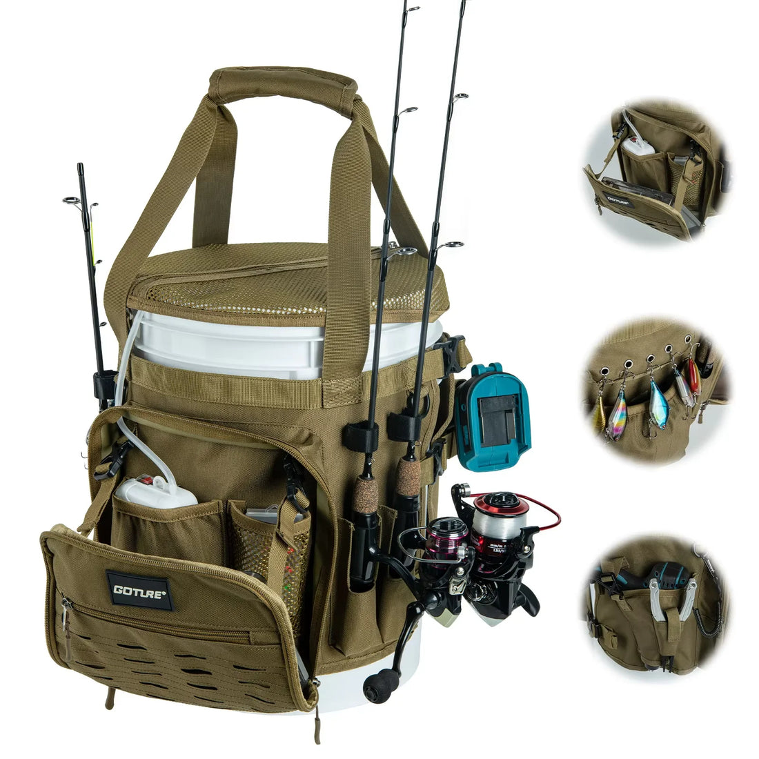Goture Fishing Bucket Bag 900D Waterproof Oxford Cloth Handbag with Rod Rack and Buckle MultiPocket for Outdoor Hunting Fishing