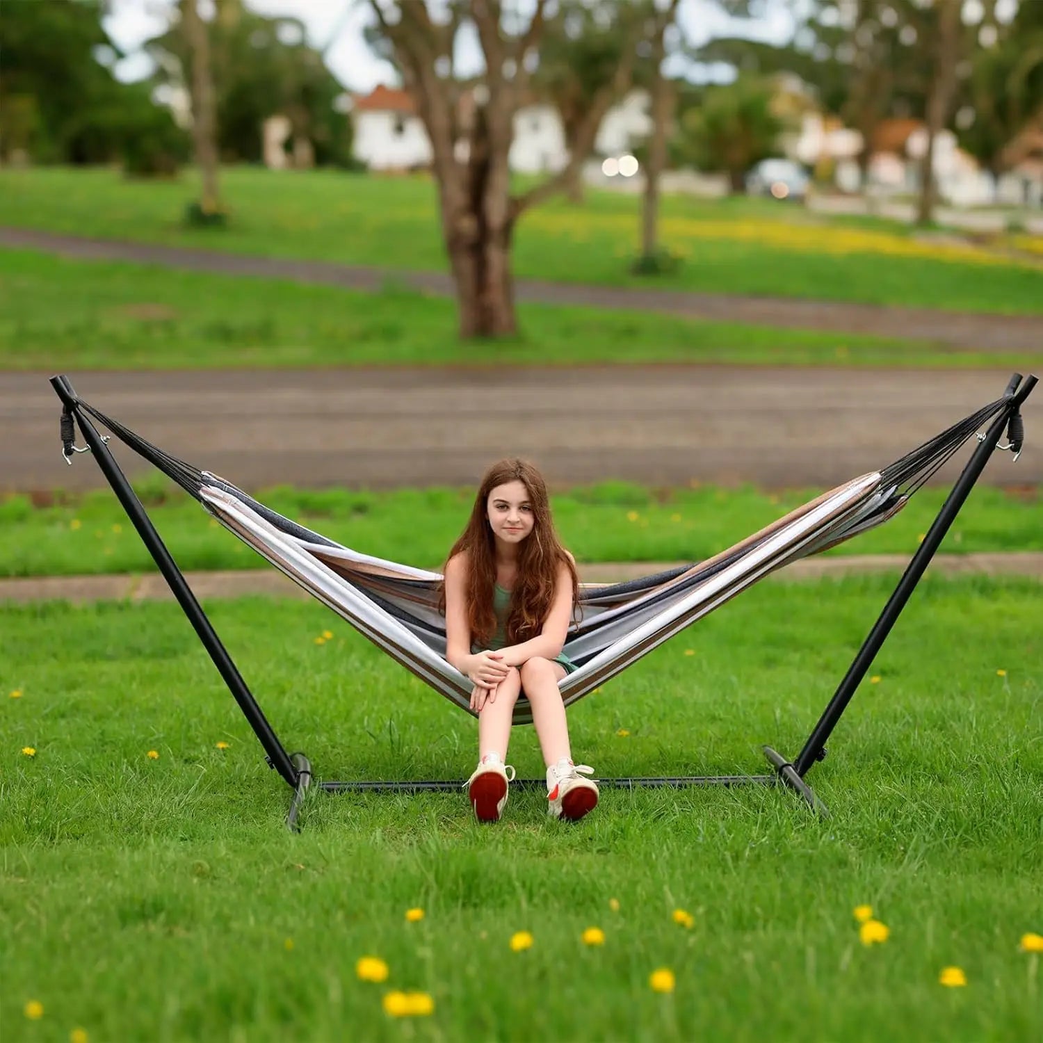 Heavy Duty Double Camping Hammock with Steel Stand (450lb Capacity) – Portable Outdoor Hammock with Carry Bag & Anti-Roll Design