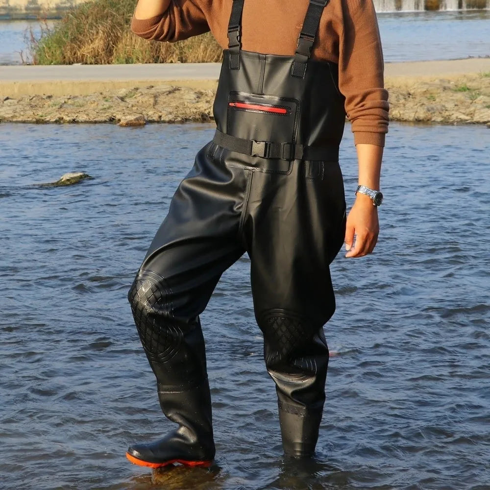 Heavy Duty Waterproof Fishing Wader Suit with Boots – Durable PVC Fishing Overalls with Knee Pads