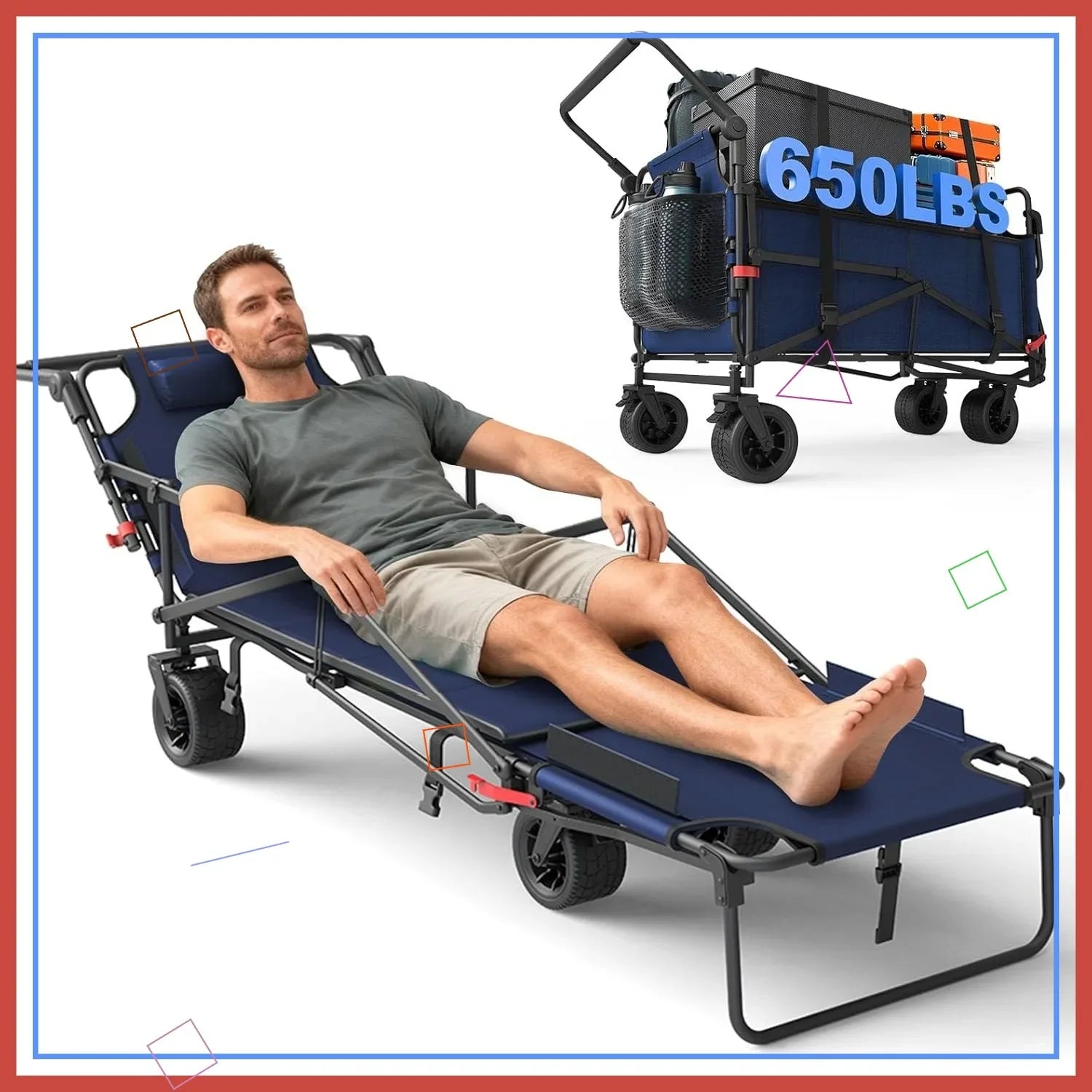 Heavy Duty Folding Wagon Cart - 2-in-1 Collapsible Utility Cart with 650lb Capacity, All-Terrain Wheels & Brakes, Blue