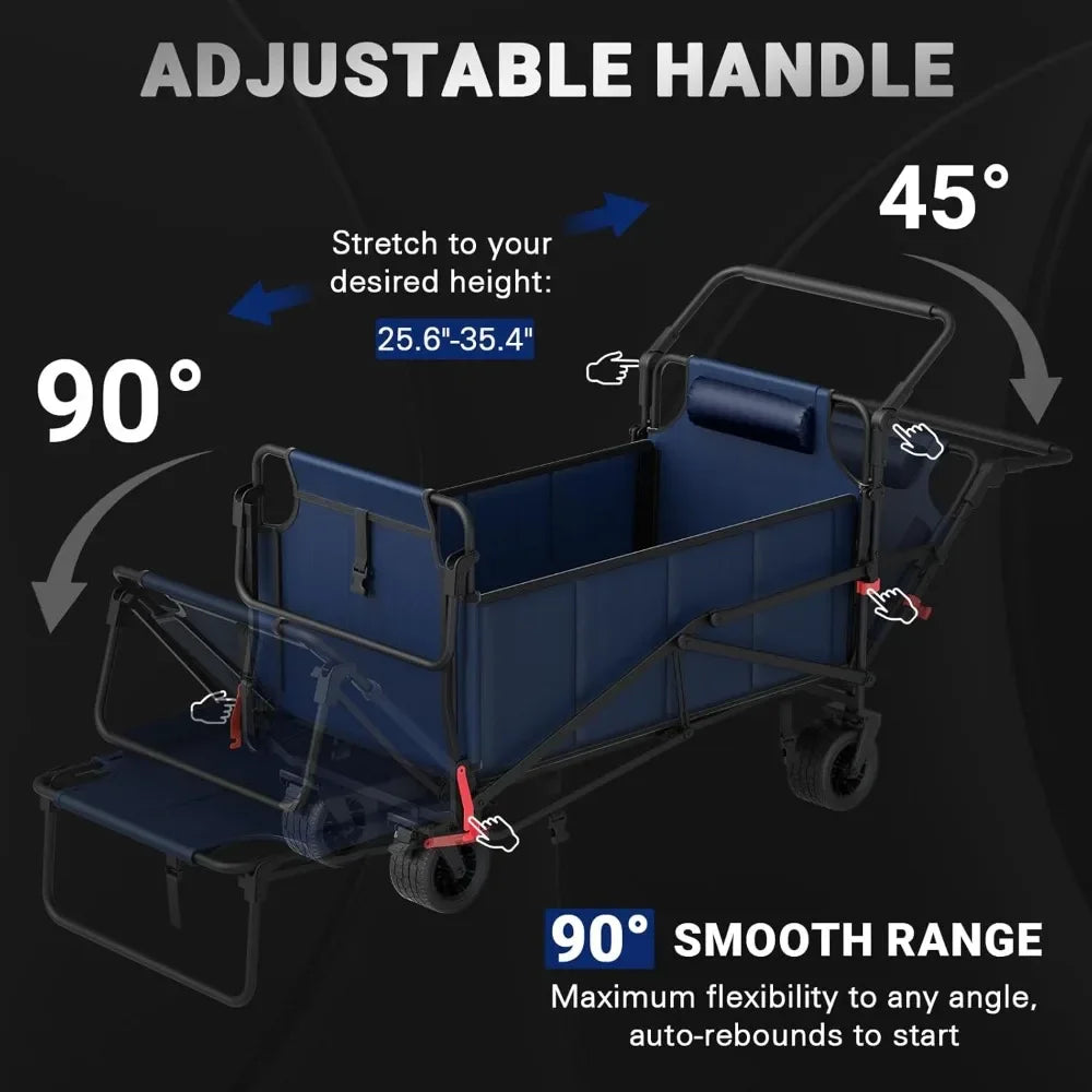 Heavy Duty Folding Wagon Cart - 2-in-1 Collapsible Utility Cart with 650lb Capacity, All-Terrain Wheels & Brakes, Blue