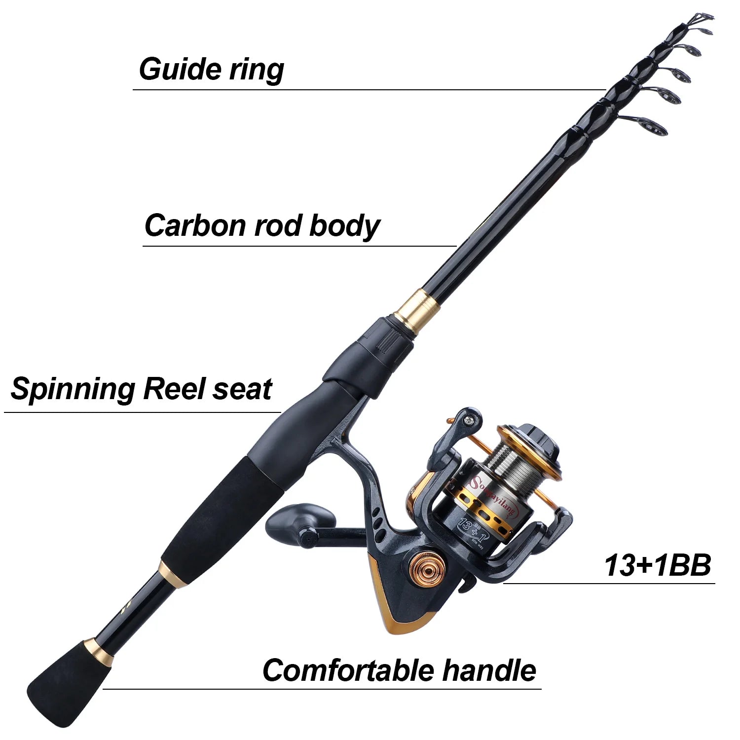 Sougayilang Telescopic Fishing Combo 1.8m 2.1m 2.4m Carbon Fiber Rod and 5.5:1 13+1BB Spinning Fishing Reel Fishing Kit Pesca