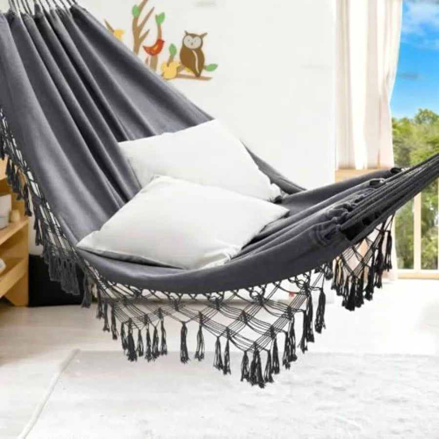 Boho Macrame Double Hammock (450lb Capacity) – Heavy Duty Cotton Rope Outdoor Hammock for Patio & Backyard