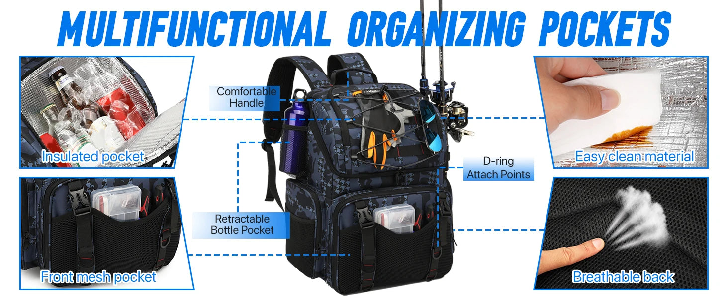 45L Heavy Duty Fishing Backpack Cooler – Waterproof Tackle Storage Bag with Rod Holders & Rain Cover