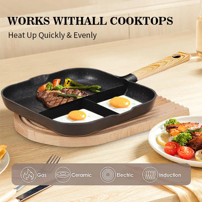 3 in 1 Frying Pan Aluminum Alloy Partitioned Non Stick 3 Section Divided Breakfast Pan Grill Pan Multifunction Kitchen Egg Pan