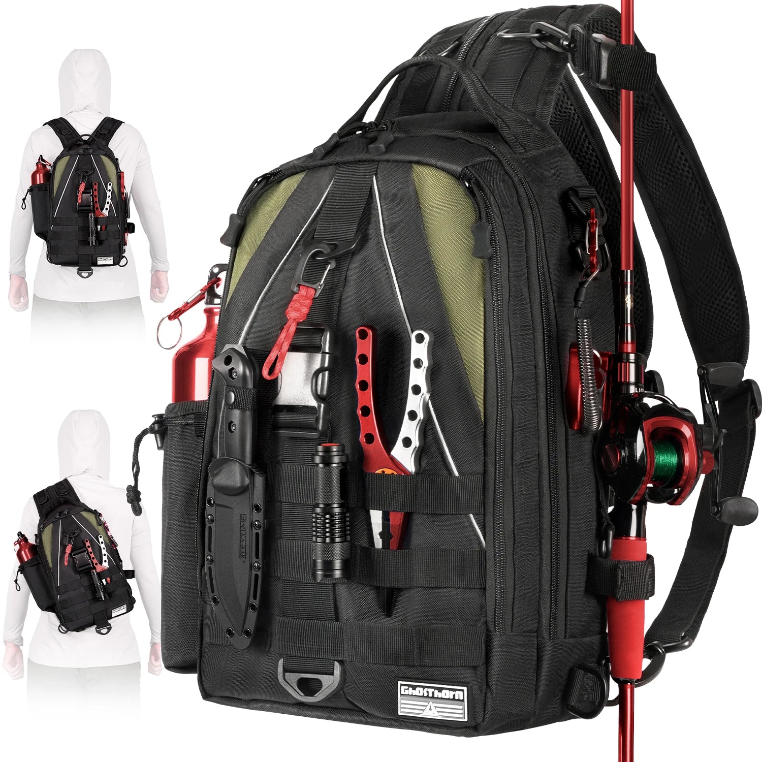 Heavy Duty Fishing Backpack Sling Bag – Multi-Compartment Tackle Storage Bag with Rod Holder