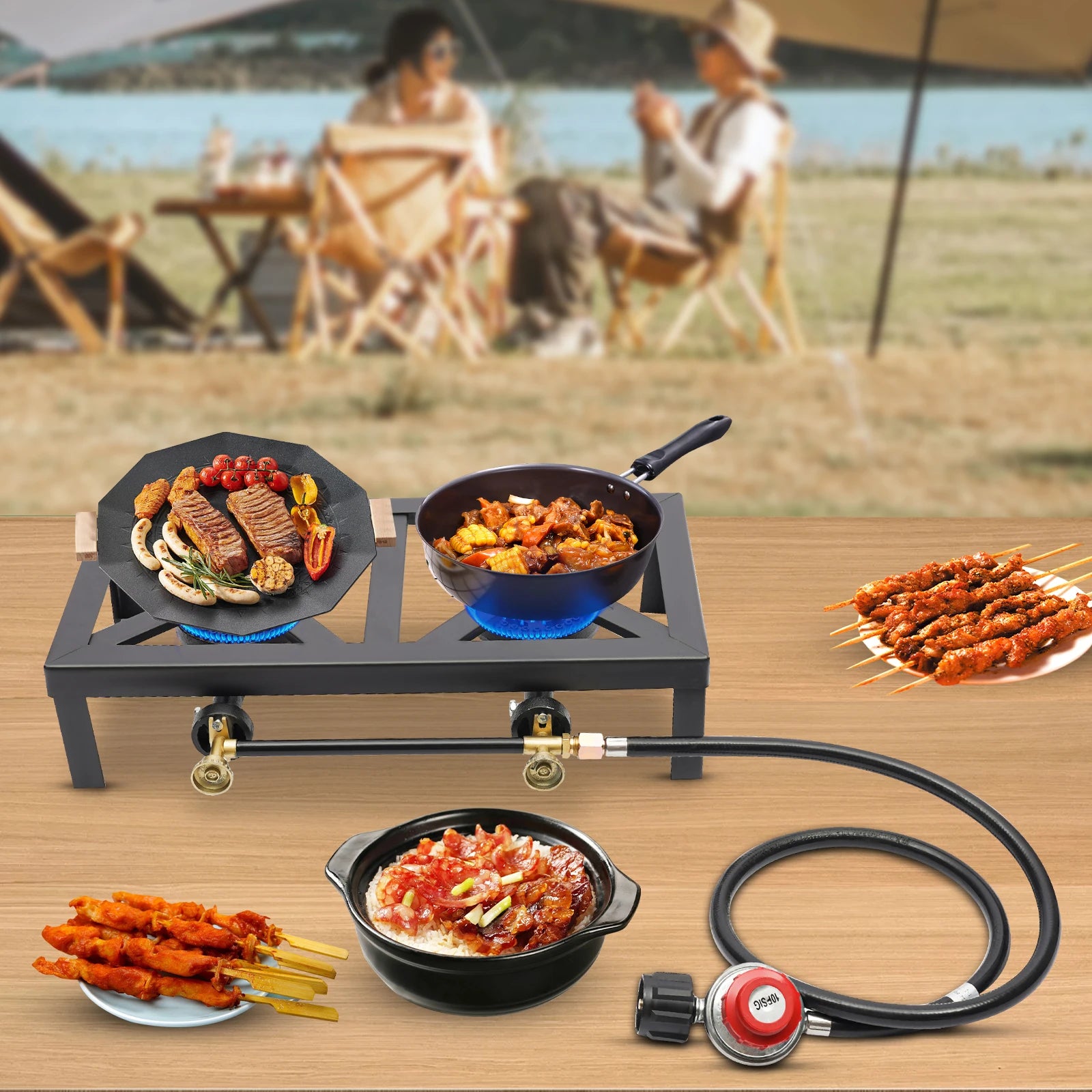 Portable Double Burner Gas Stove – Adjustable Regulator for Camping & BBQ