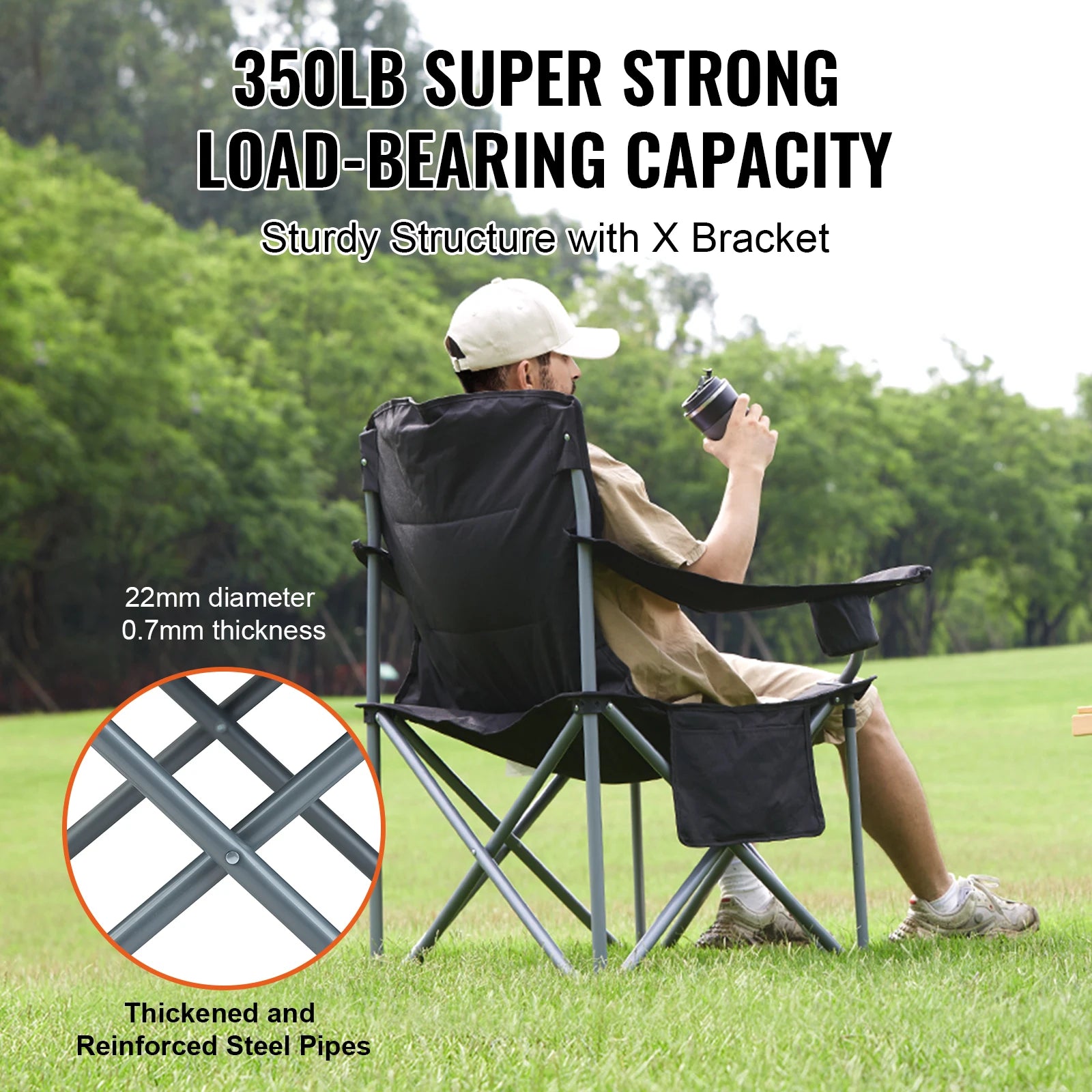 Portable Camping Folding Chair for Adults – Quad Chair with Lumbar Support, Padded Armrests & Side Pockets for Beach, Lawn & Picnic
