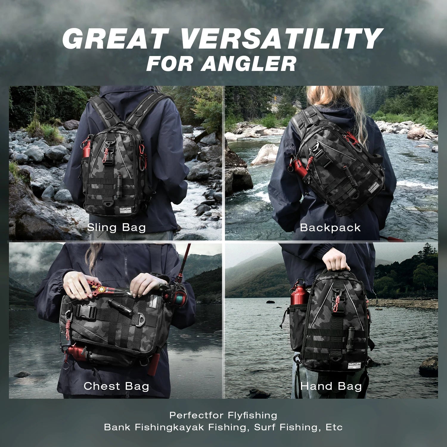 Heavy Duty Fishing Backpack Sling Bag – Multi-Compartment Tackle Storage Bag with Rod Holder