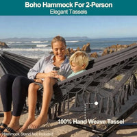 Boho Macrame Double Hammock (450lb Capacity) – Heavy Duty Cotton Rope Outdoor Hammock for Patio & Backyard