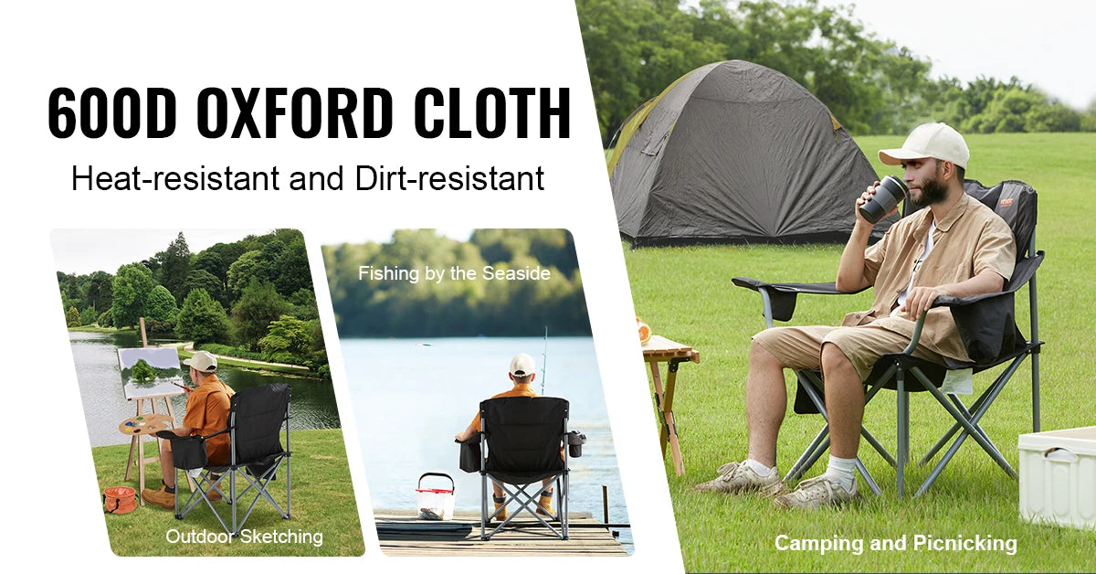 Portable Camping Folding Chair for Adults – Quad Chair with Lumbar Support, Padded Armrests & Side Pockets for Beach, Lawn & Picnic