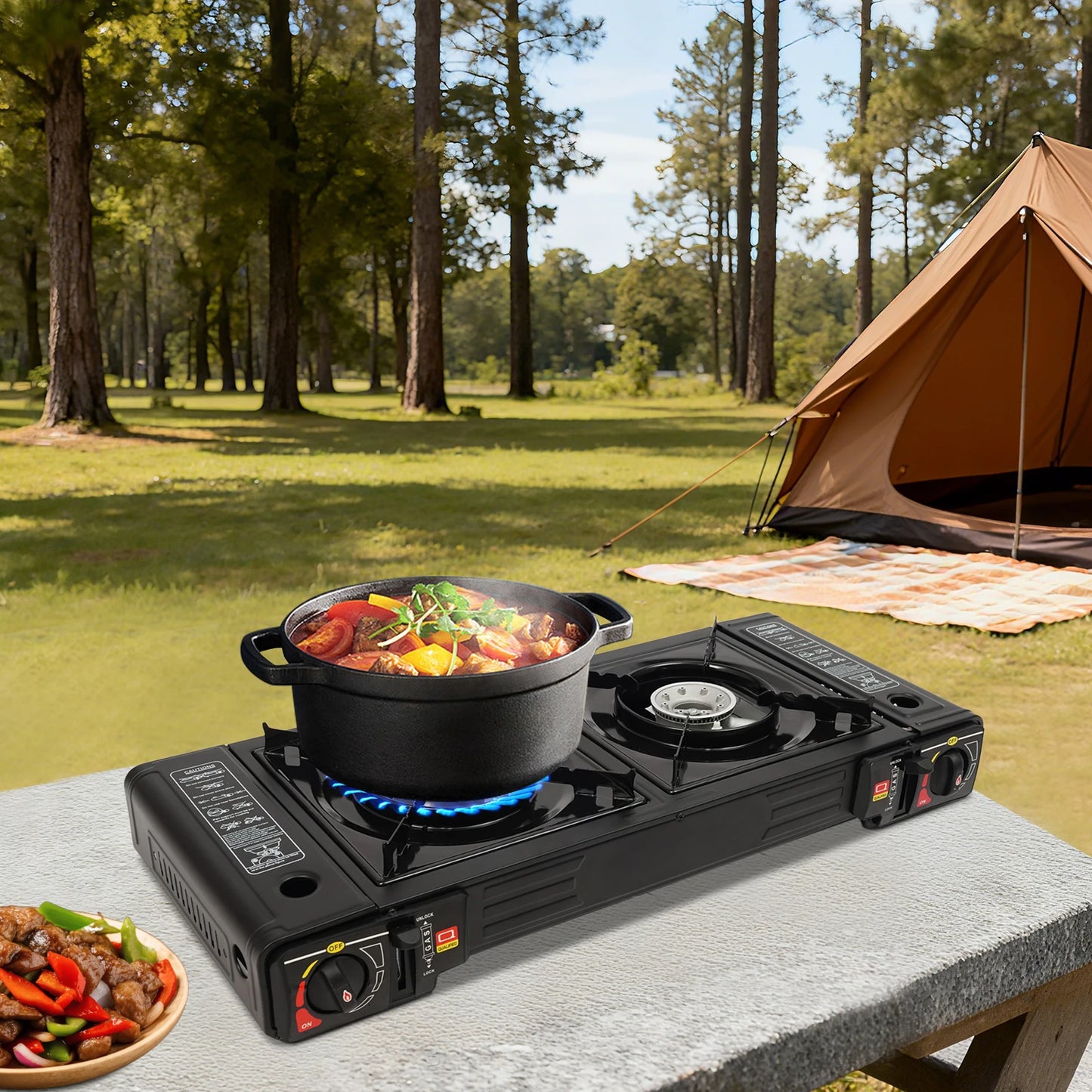 Portable Camping Stove 2 Burners with Baking Tray for Outdoors