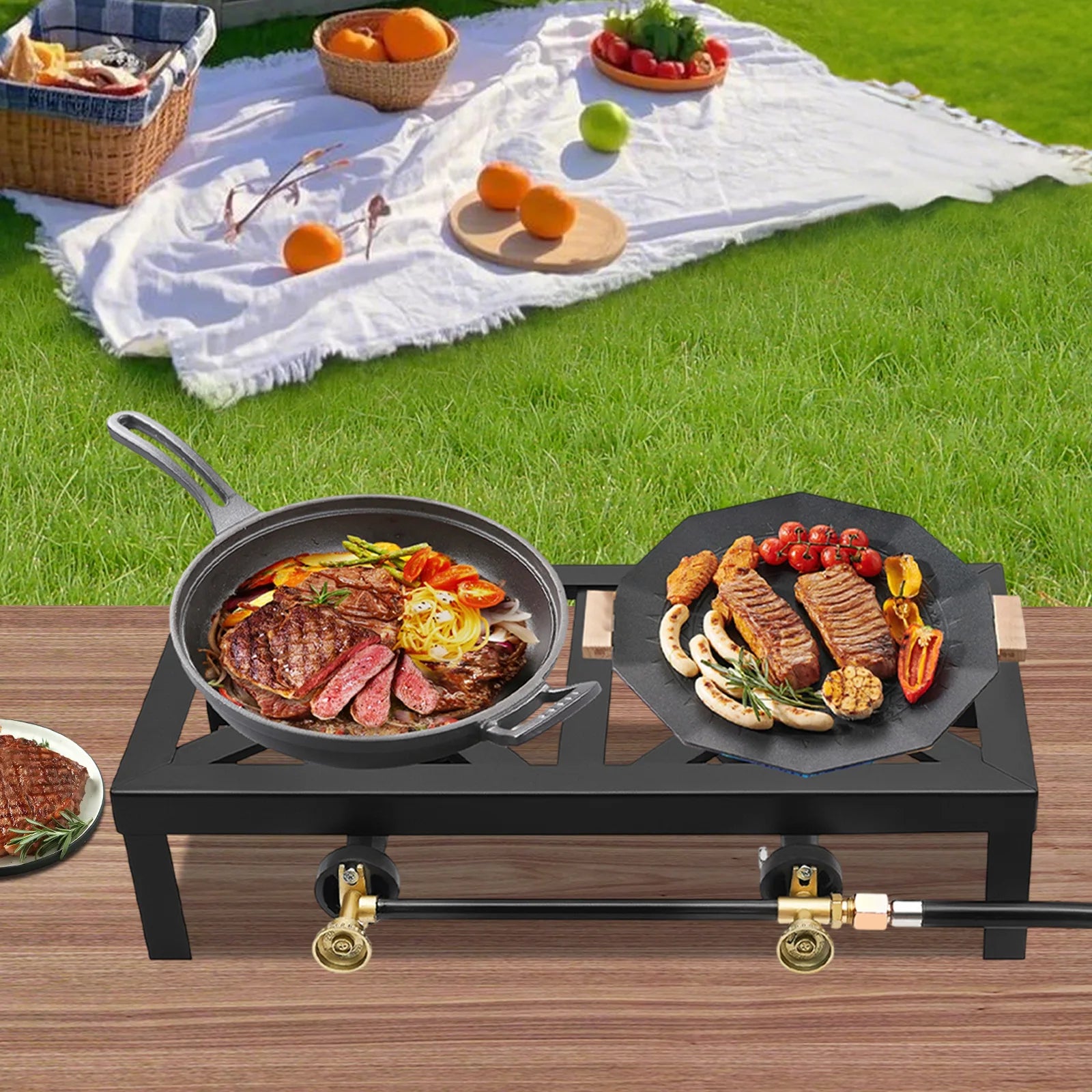 Portable Double Burner Gas Stove – Adjustable Regulator for Camping & BBQ