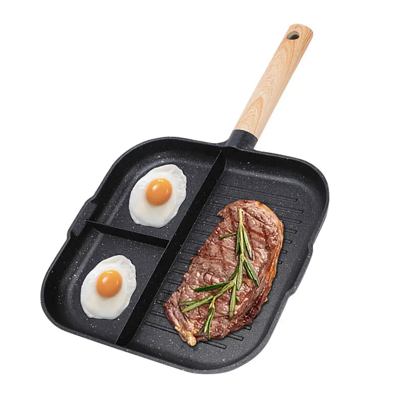 3 in 1 Frying Pan Aluminum Alloy Partitioned Non Stick 3 Section Divided Breakfast Pan Grill Pan Multifunction Kitchen Egg Pan