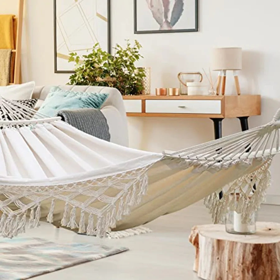 Boho Heavy Duty Canvas Hammock with Tassels (500lb Capacity) – Stylish Outdoor Hammock for Patio & Garden