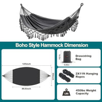 Boho Macrame Double Hammock (450lb Capacity) – Heavy Duty Cotton Rope Outdoor Hammock for Patio & Backyard