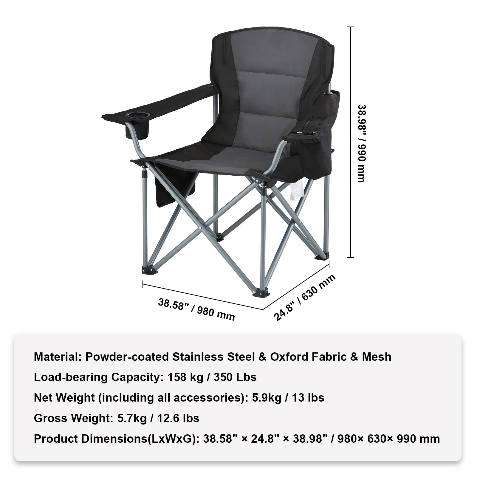Portable Camping Folding Chair for Adults – Quad Chair with Lumbar Support, Padded Armrests & Side Pockets for Beach, Lawn & Picnic