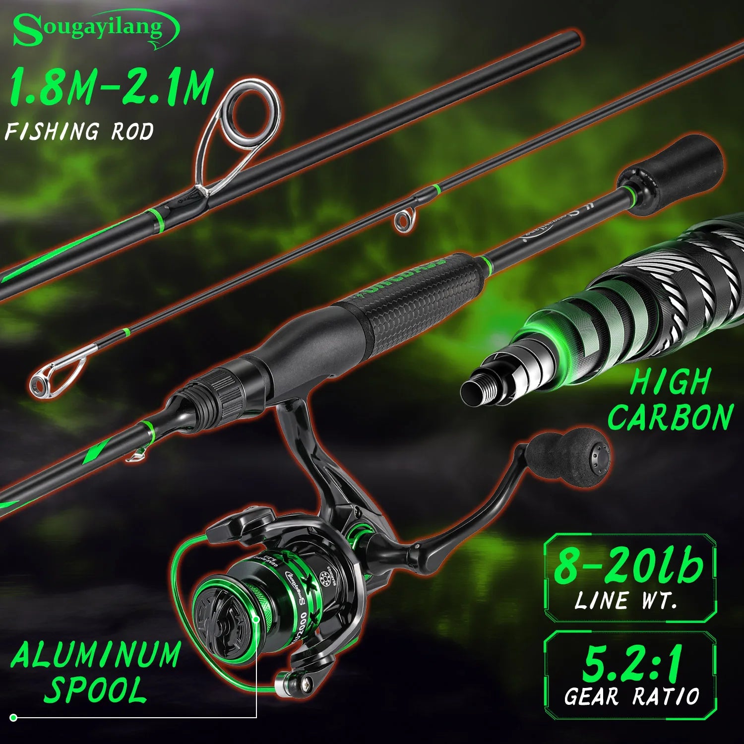 Heavy Duty 2-Section Fishing Rod & Reel Combo – Carbon Fiber Spinning Pole Set for Freshwater Fishing