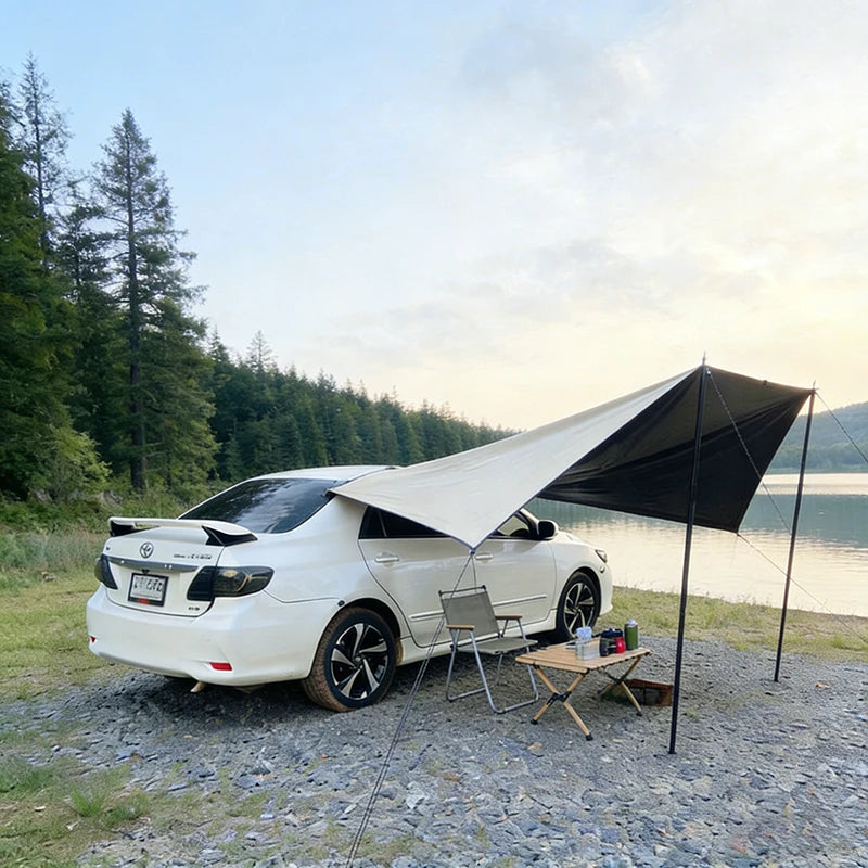Bat Shape Car Side Awning Black Coating Tarp 2x3 Outdoor Waterproof Camping Black Coated Car Rear Shelter Tent for SUV Van Sedan