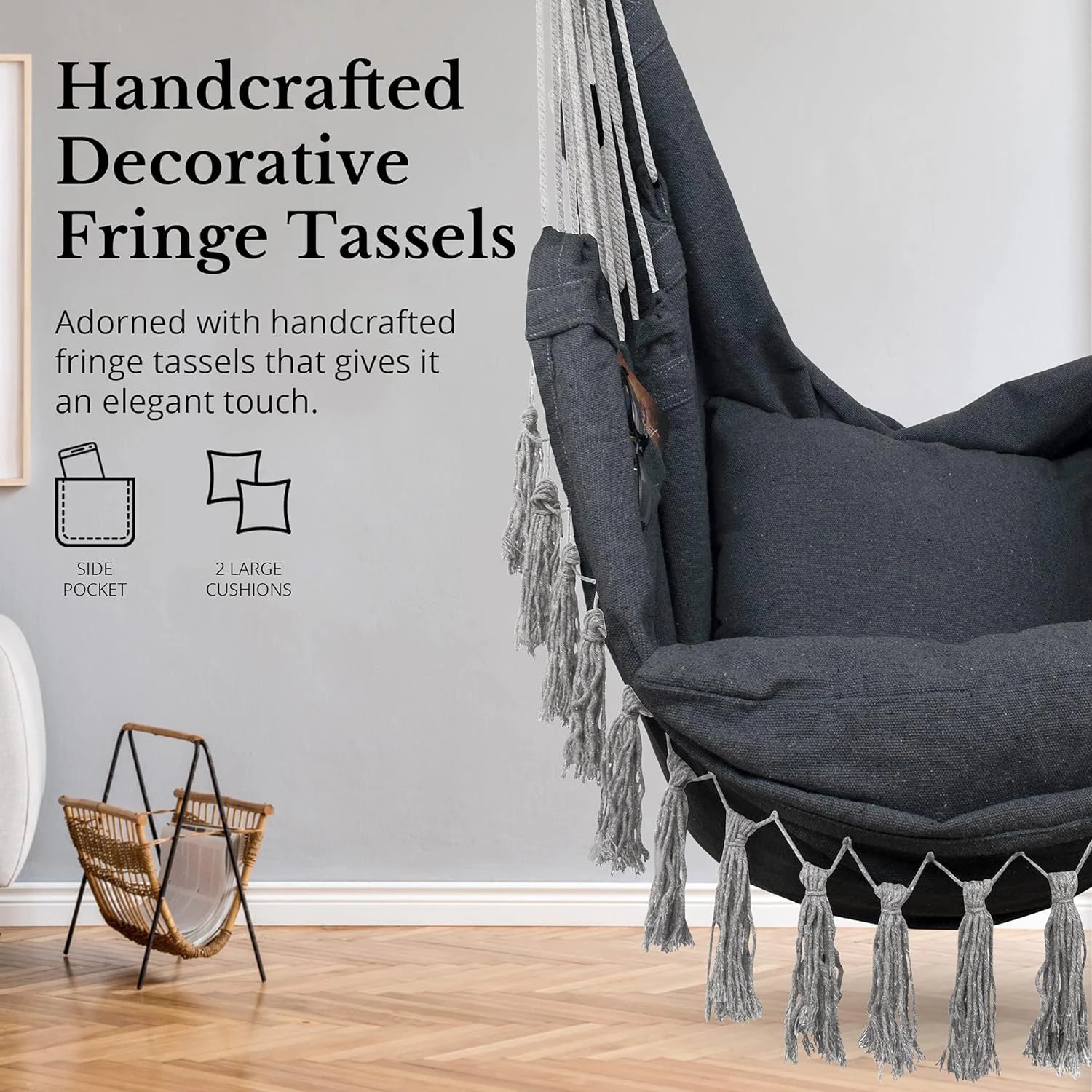 Heavy Duty Macrame Hanging Chair with Cushions (500lb Capacity) – Indoor/Outdoor Cotton Rope Swing Chair with Pocket