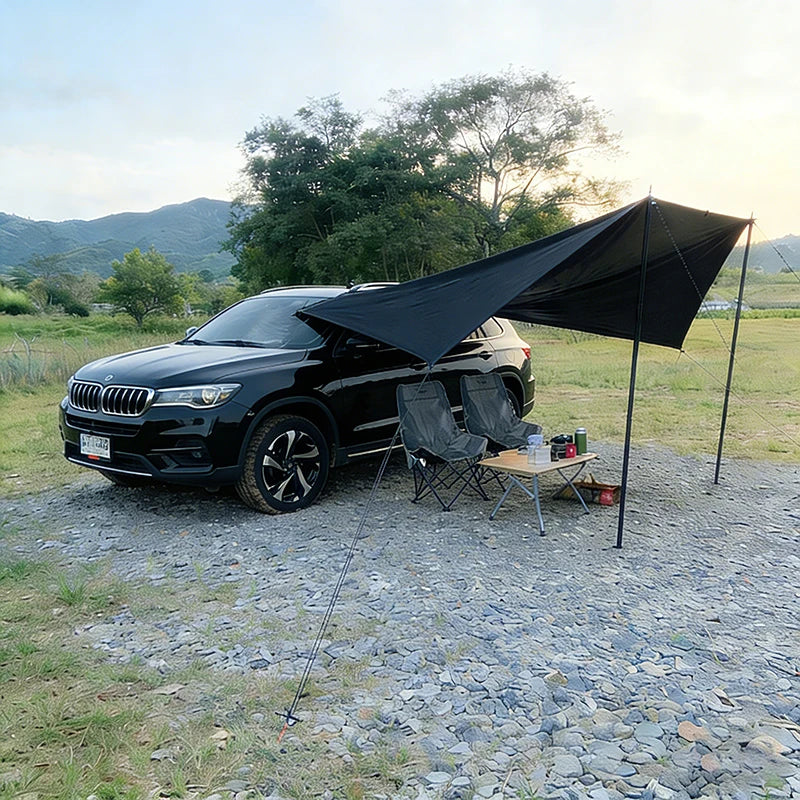 Bat Shape Car Side Awning Black Coating Tarp 2x3 Outdoor Waterproof Camping Black Coated Car Rear Shelter Tent for SUV Van Sedan