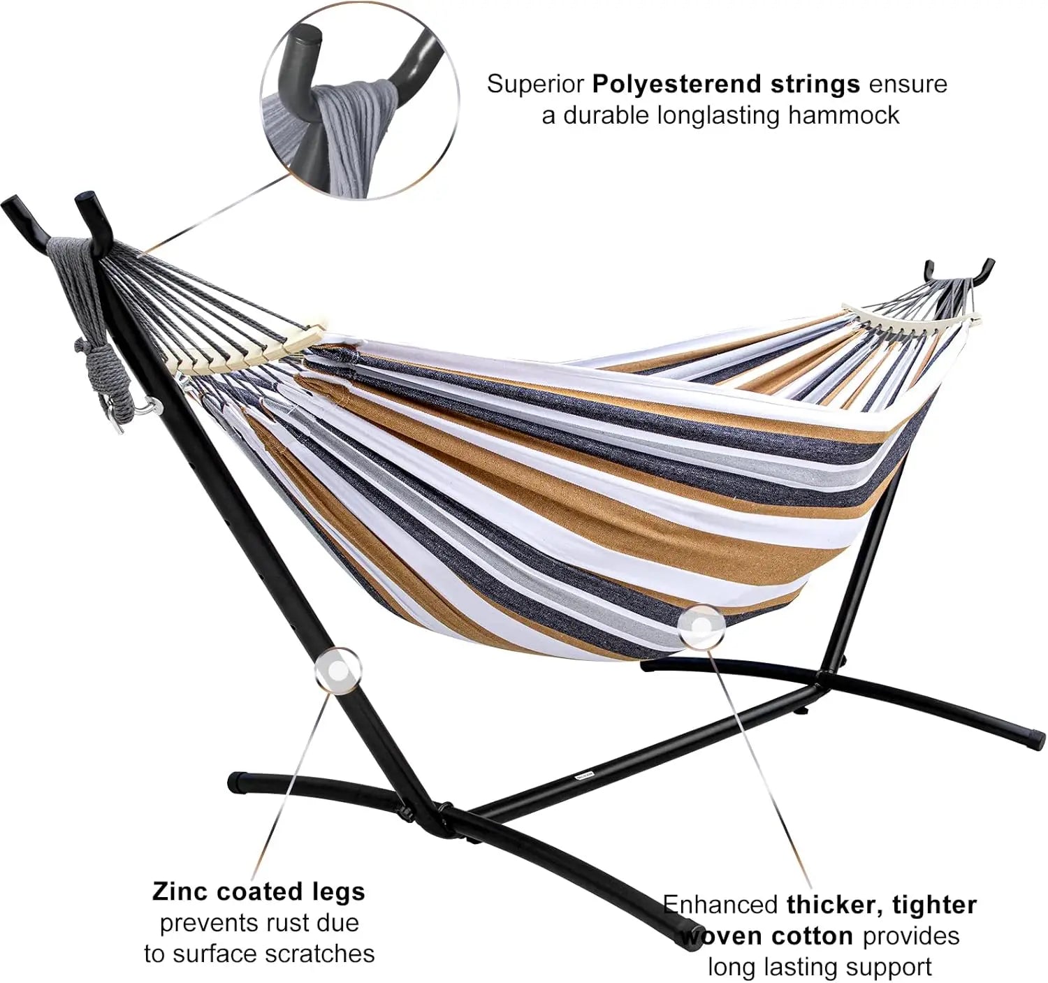 Heavy Duty Double Camping Hammock with Steel Stand (450lb Capacity) – Portable Outdoor Hammock with Carry Bag & Anti-Roll Design