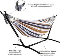 Heavy Duty Double Camping Hammock with Steel Stand (450lb Capacity) – Portable Outdoor Hammock with Carry Bag & Anti-Roll Design