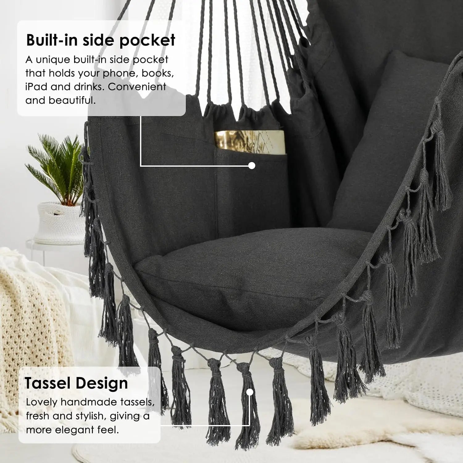Heavy Duty Macrame Hanging Chair with Cushions (500lb Capacity) – Indoor/Outdoor Cotton Rope Swing Chair with Pocket