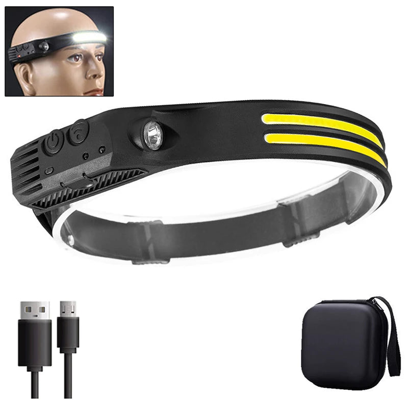 USB Rechargeable COB LED Headlamp – Waterproof Sensor Headlight for Camping & Fishing